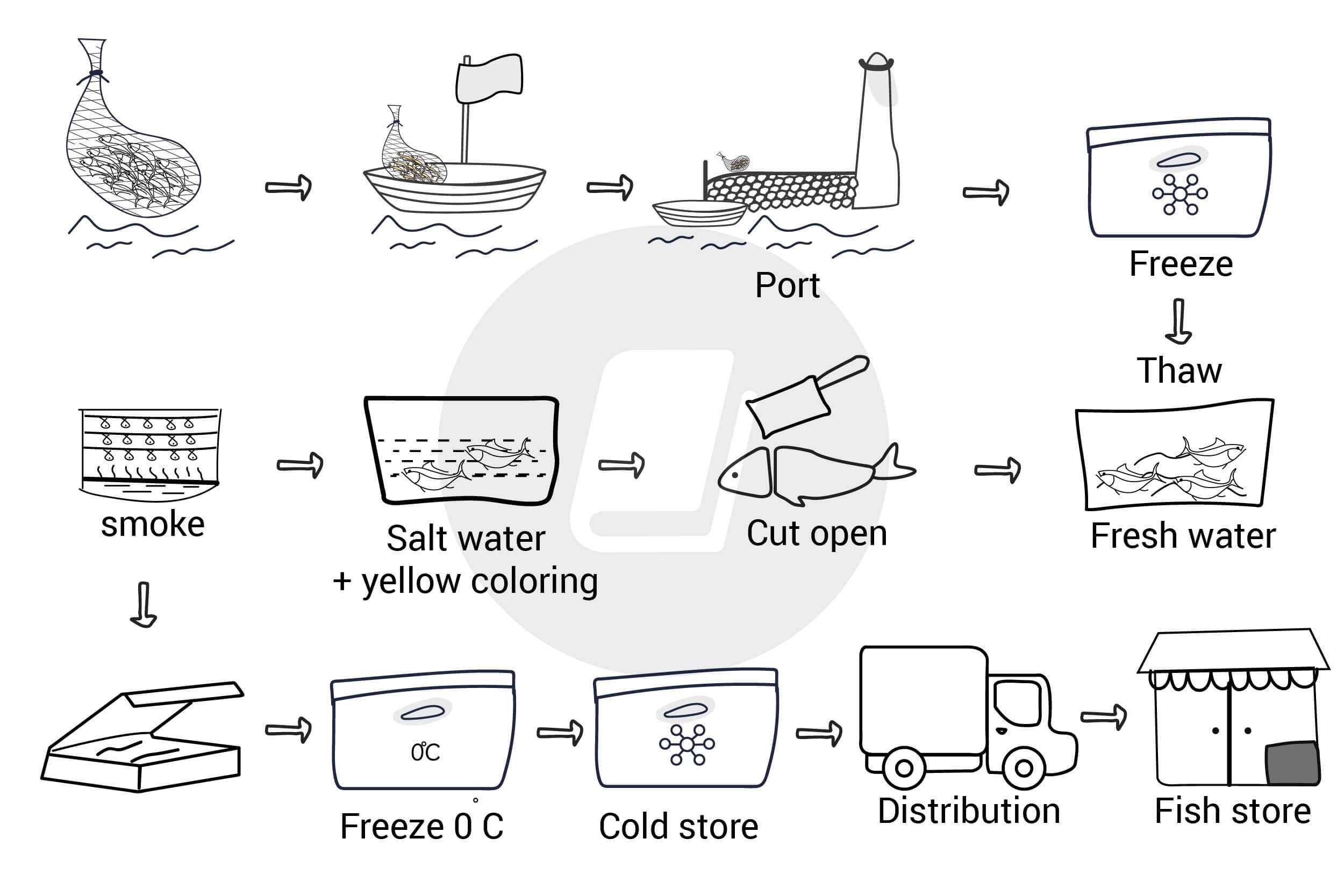 The diagram details the process of making smoked fish. IELTS Science